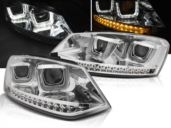 Scheinwerfer U-Tube Tagfahrlicht Optik für VW Polo 6R 6C Chrom mit dynamischem LED Blinker