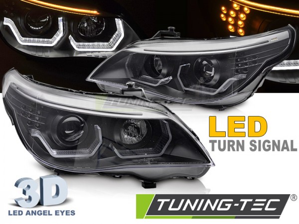 Scheinwerfer 3D Angel Eyes für BMW 5er E60 E61 Bj. 03-07 Schwarz mit LED Blinker