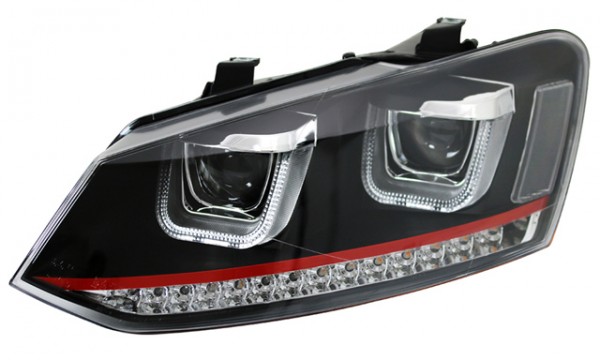 Scheinwerfer U-Tube LED Tagfahrlicht Optik für VW Polo 6R 6C Bj. 09-17 Schwarz mit rotem Streifen