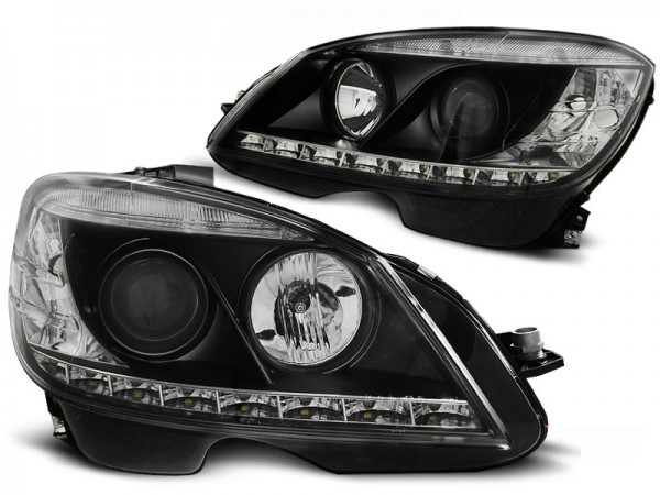 Scheinwerfer LED Tagfahrlicht Optik für Mercedes C-Klasse W204 Bj. 07-10 Schwarz