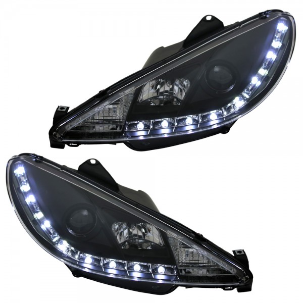 Scheinwerfer LED Tagfahrlicht Optik für Peugeot 206 Bj. 98-06 Schwarz