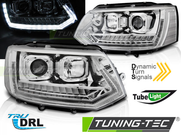 Scheinwerfer DRL LED Tagfahrlicht für VW T5 GP Facelift Bj. 10-15 Chrom mit dynamischem LED Blinker