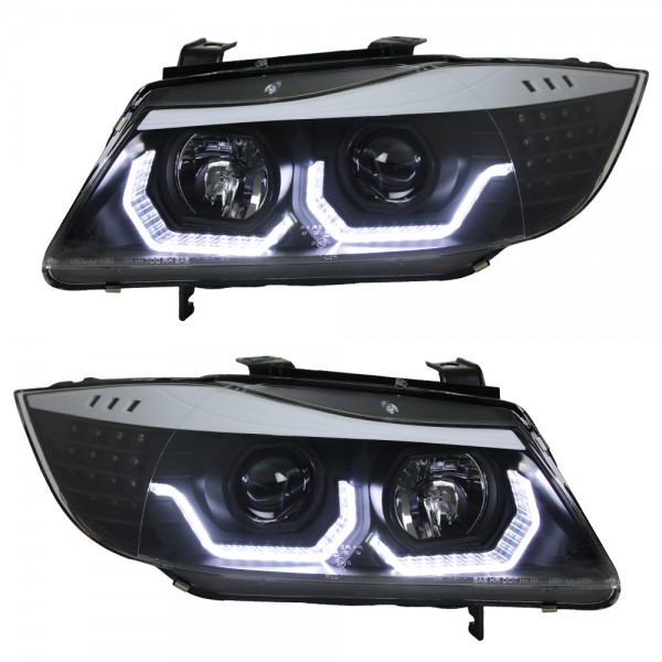 Scheinwerfer 3D Angel Eyes für BMW 3er E90 E91 Bj. 05-08 Schwarz mit LED Blinker
