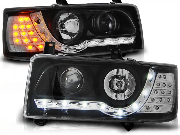 Scheinwerfer LED Tagfahrlicht Optik für VW T4 Bus Bj. 90-03 Schwarz mit LED Blinker
