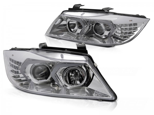 Scheinwerfer 3D Angel Eyes für BMW 3er E90 E91 Bj. 05-08 Chrom mit LED Blinker