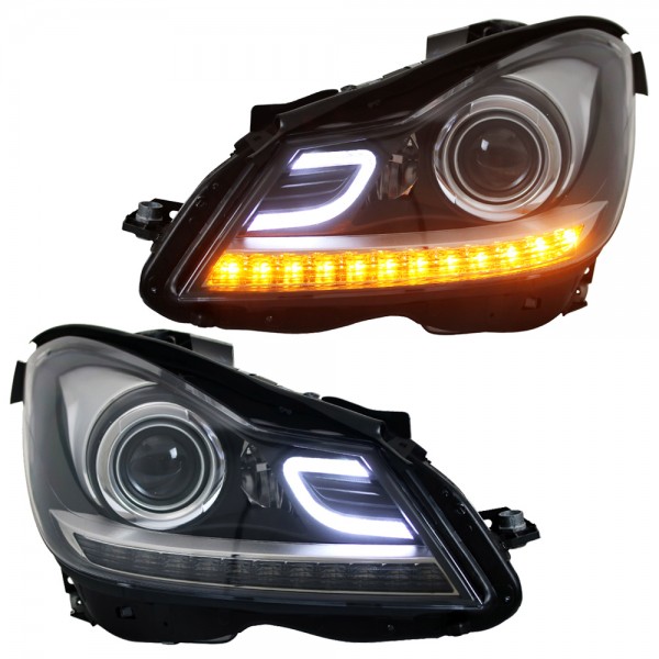 Scheinwerfer LED Tagfahrlicht Optik für Mercedes C-Klasse W204 Bj. 11-15 Schwarz