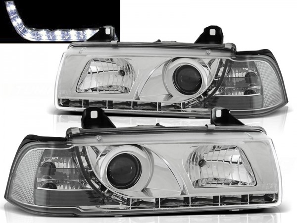 Scheinwerfer LED Tagfahrlicht Optik für BMW 3er E36 Limo Touring Bj. 90-99 Chrom