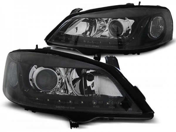 Scheinwerfer LED Tagfahrlicht Optik für Opel Astra G Bj. 98-05 Schwarz