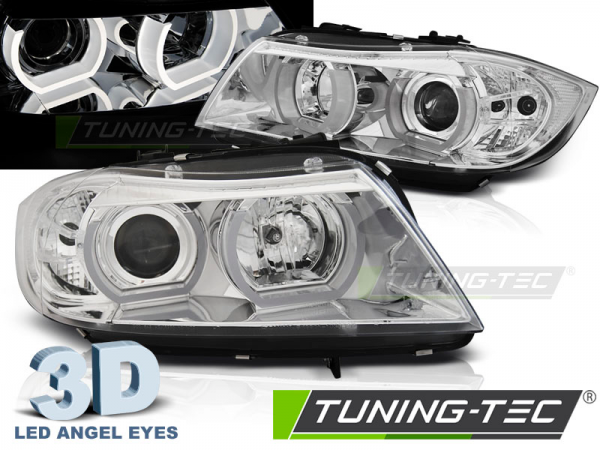 Scheinwerfer 3D Angel Eyes für BMW 3er E90 E91 Bj. 05-08 Chrom