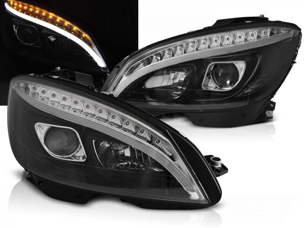 Scheinwerfer LED Tagfahrlicht Optik für Mercedes C-Klasse W204 Bj. 07-10 Schwarz LTI