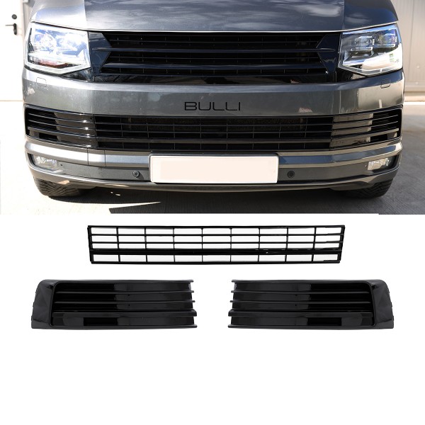 Set Gitter Grill Einsatz Stoßstange für VW T6 Bj. 2015-2019 Schwarz Hochglanz