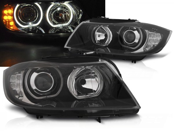 Scheinwerfer LED Angel Eyes für BMW 3er E90 E91 Bj. 05-08 Schwarz mit LED Blinker