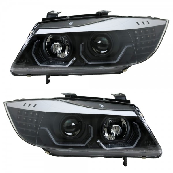 Scheinwerfer 3D Angel Eyes für BMW 3er E90 E91 Bj. 05-08 Schwarz mit LED Blinker