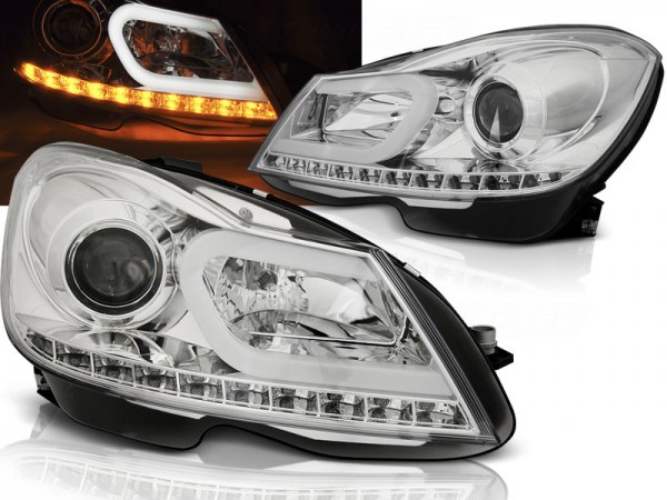Scheinwerfer LED Tagfahrlicht Optik für Mercedes C-Klasse W204 Bj. 11-15 Chrom