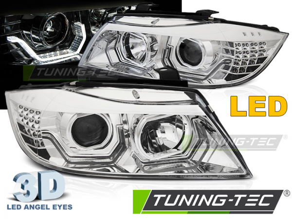 Scheinwerfer 3D Angel Eyes für BMW 3er E90 E91 Bj. 05-08 Chrom mit LED Blinker