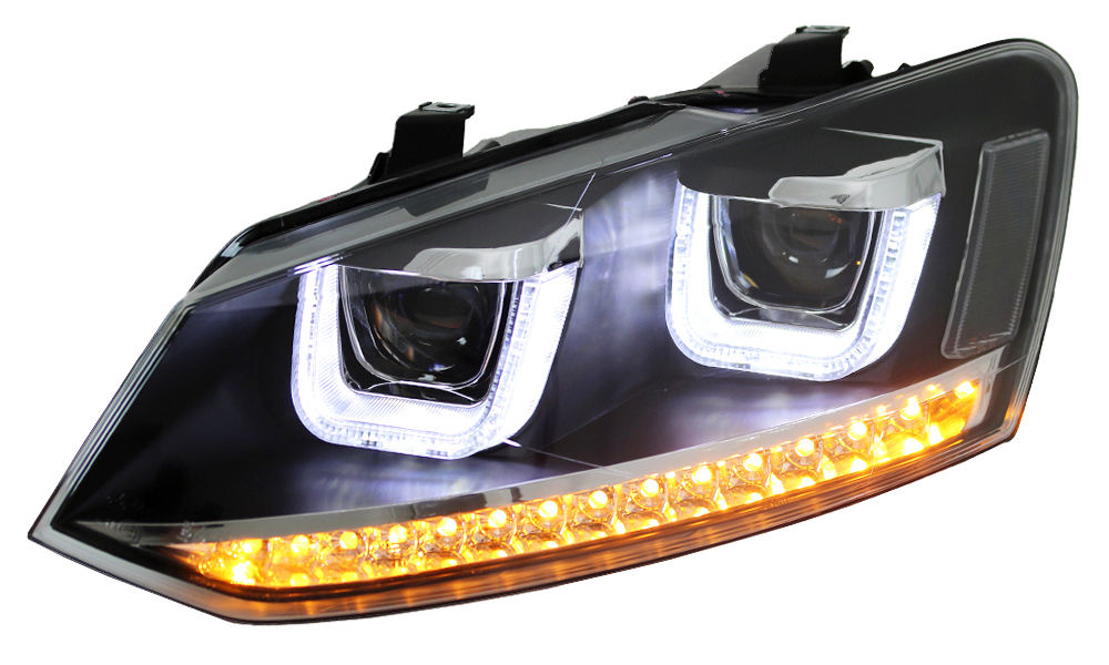 Scheinwerfer U-Tube Tagfahrlicht Optik für VW Polo 6R 6C Schwarz mit dynamischem LED Blinker