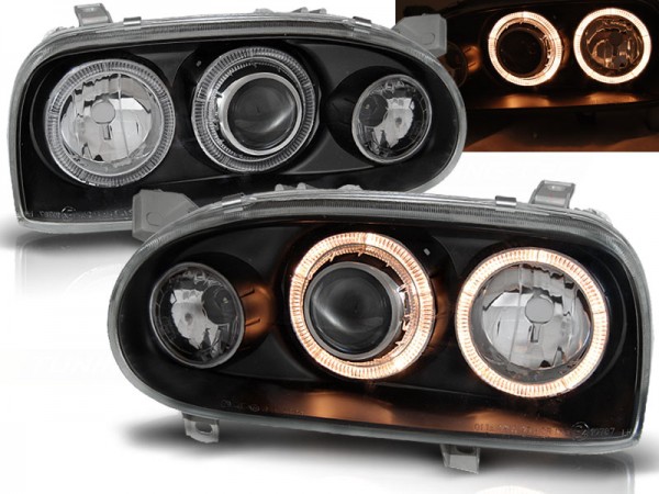 Scheinwerfer Angel Eyes für VW Golf 3 91-97 Schwarz mit Blinker
