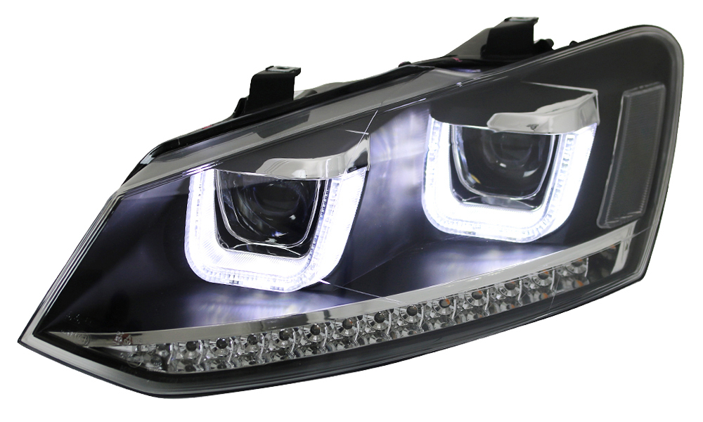 Scheinwerfer U-Tube Tagfahrlicht Optik für VW Polo 6R 6C Schwarz mit  dynamischem LED Blinker, Polo 6R, Polo, VW, Scheinwerfer