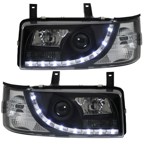 Scheinwerfer LED Tagfahrlicht Optik für VW T4 Bus Bj. 90-03 Schwarz