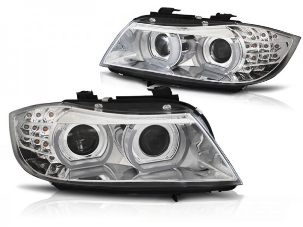 Xenon Scheinwerfer 3D Angel Eyes für BMW 3er E90 E91 LCI Bj. 09-12 Chrom