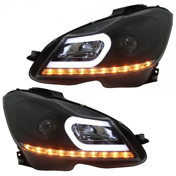 Scheinwerfer LED Tagfahrlicht Optik für Mercedes C-Klasse W204 Bj. 11-15 Schwarz
