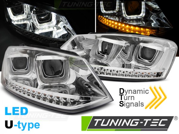 Scheinwerfer U-Tube Tagfahrlicht Optik für VW Polo 6R 6C Chrom mit dynamischem LED Blinker
