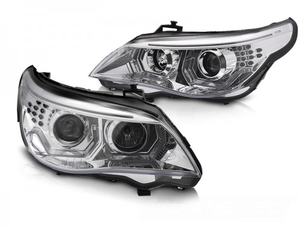 Scheinwerfer 3D Angel Eyes für BMW 5er E60 E61 Bj. 03-07 Chrom mit LED Blinker