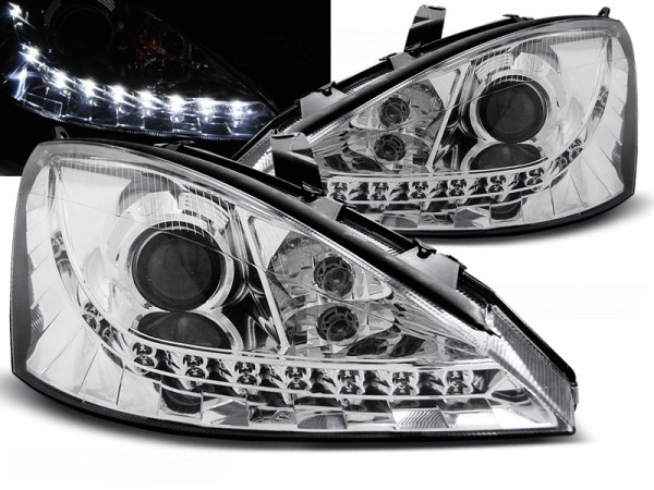 Scheinwerfer LED Tagfahrlicht Optik für Ford Focus MK1 Bj. 98-01 Chrom