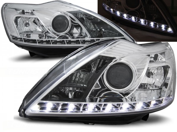 Scheinwerfer LED Tagfahrlicht Optik für Ford Focus MK2 Facelift Bj. 08-10 Chrom