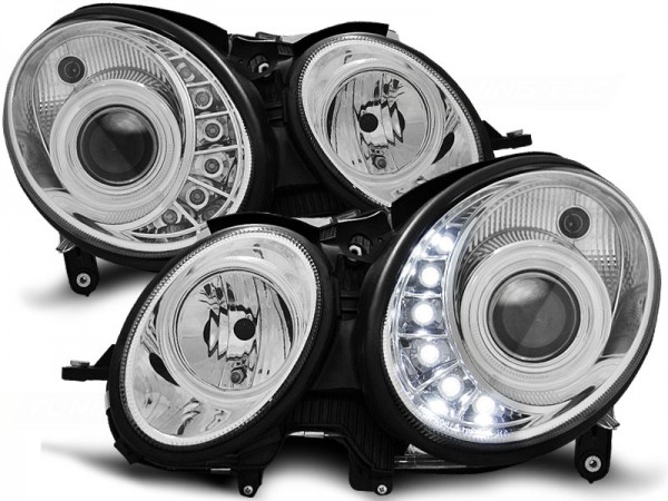 Scheinwerfer LED Tagfahrlicht Optik für Mercedes E-Klasse W211 Bj. 06-09 Chrom