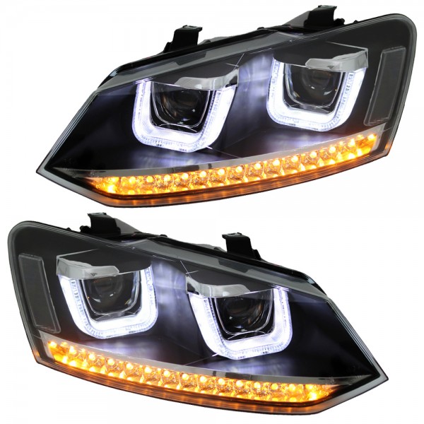 Scheinwerfer U-Tube Tagfahrlicht Optik für VW Polo 6R 6C Schwarz mit dynamischem LED Blinker