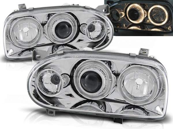 Scheinwerfer Angel Eyes für VW Golf 3 91-97 Chrom mit Blinker