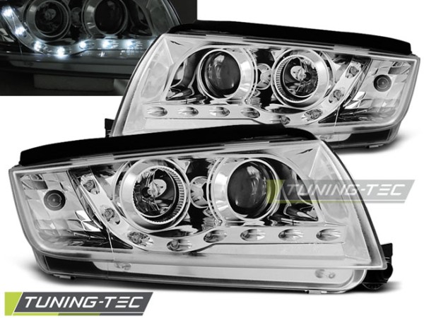 Scheinwerfer LED Tagfahrlicht Optik für Skoda Fabia 1 Bj. 99-08 Chrom inkl. Stellmotor