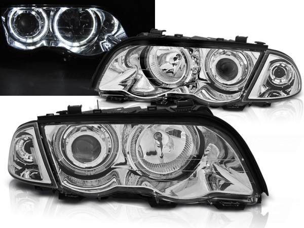 Scheinwerfer LED Angel Eyes für BMW 3er E46 Limo Touring Bj. 98-01 Chrom