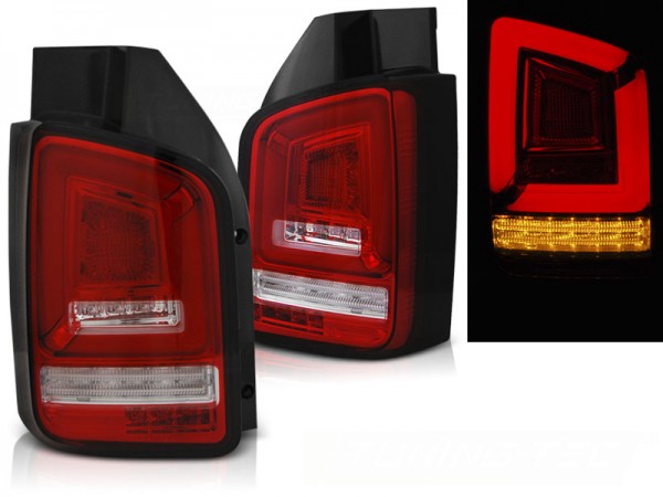 Voll LED Lightbar Rückleuchten für VW T5 Bj. 03-09 Rot/Chrom dynamischer Blinker (Flügeltüren)