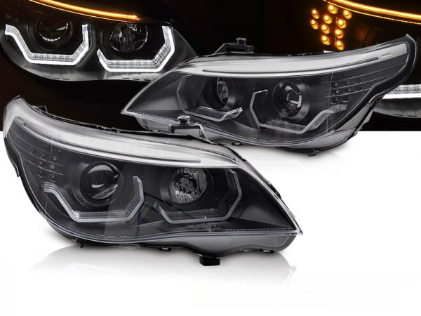 Scheinwerfer 3D Angel Eyes für BMW 5er E60 E61 Bj. 03-07 Schwarz mit LED Blinker