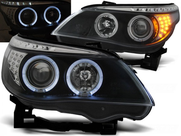 Scheinwerfer Angel Eyes für BMW 5er E60 E61 Bj. 03-07 Schwarz mit LED Blinker