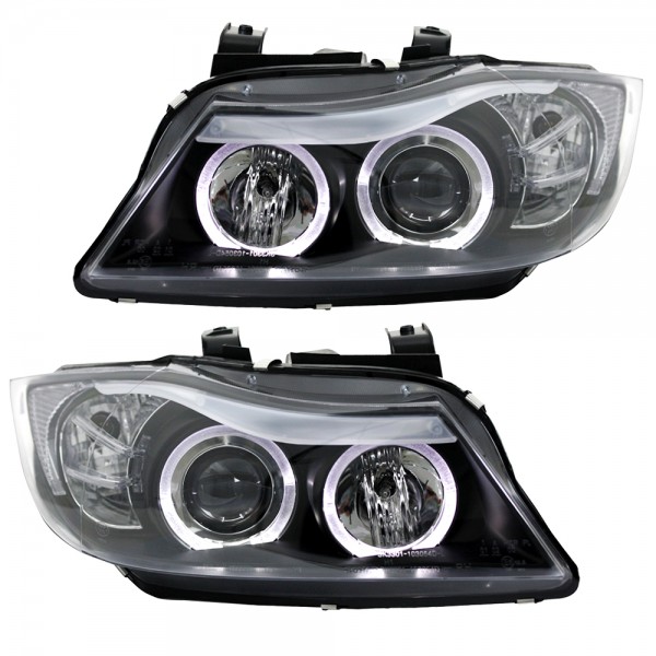 Scheinwerfer Angel Eyes für BMW 3er E90 E91 Bj. 05-08 Schwarz
