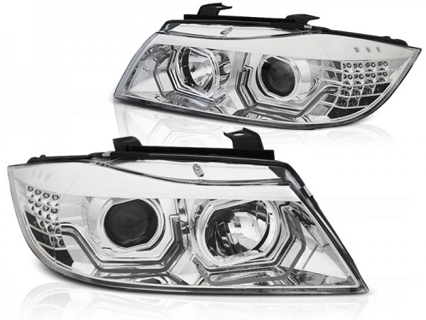 Scheinwerfer 3D Angel Eyes für BMW 3er E90 E91 Bj. 05-08 Chrom mit LED Blinker