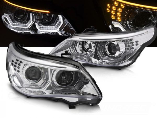 Scheinwerfer 3D Angel Eyes für BMW 5er E60 E61 Bj. 03-07 Chrom mit LED Blinker