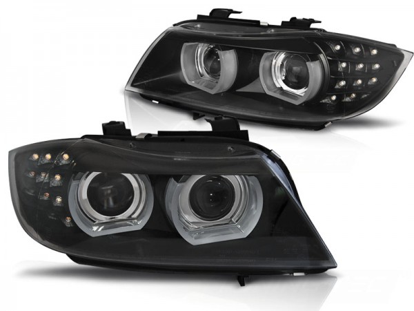 Xenon Scheinwerfer 3D Angel Eyes für BMW 3er E90 E91 LCI Bj. 09-12 Schwarz