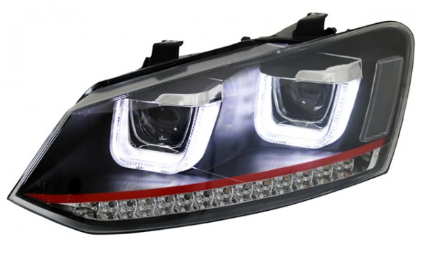 Scheinwerfer U-Tube LED Tagfahrlicht Optik für VW Polo 6R 6C Bj. 09-17 Schwarz mit rotem Streifen