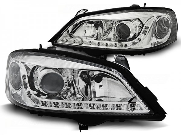 Scheinwerfer LED Tagfahrlicht Optik für Opel Astra G Bj. 98-05 Chrom