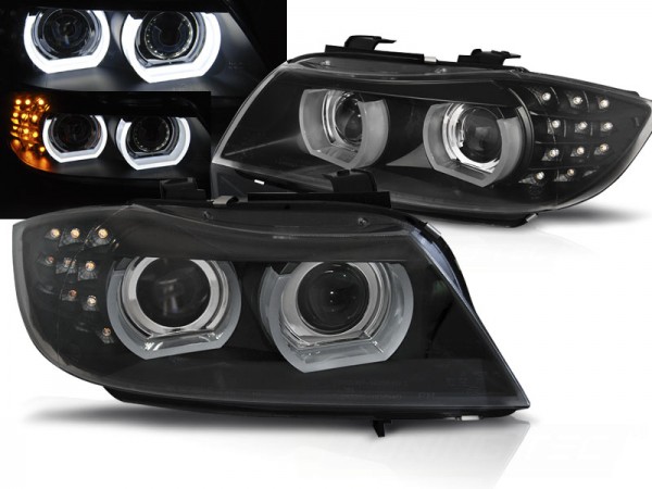Xenon Scheinwerfer 3D Angel Eyes für BMW 3er E90 E91 LCI Bj. 09-12 Schwarz AFS