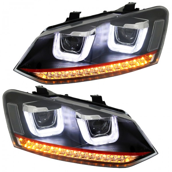 Scheinwerfer U-Tube LED Tagfahrlicht Optik für VW Polo 6R 6C Bj. 09-17 Schwarz mit rotem Streifen