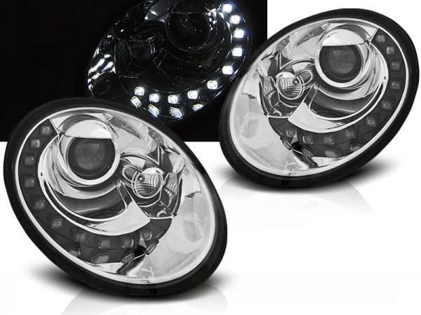 Scheinwerfer LED Tagfahrlicht Optik für VW New Beetle 9C Facelift Bj. 05-10 Chrom