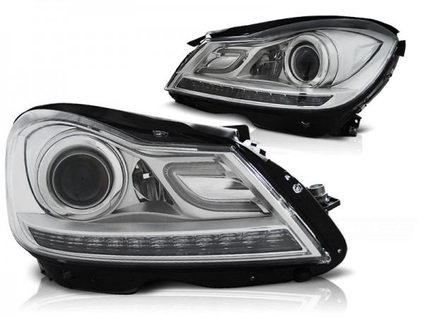 Scheinwerfer LED Tagfahrlicht Optik für Mercedes C-Klasse W204 Bj. 11-15 Chrom