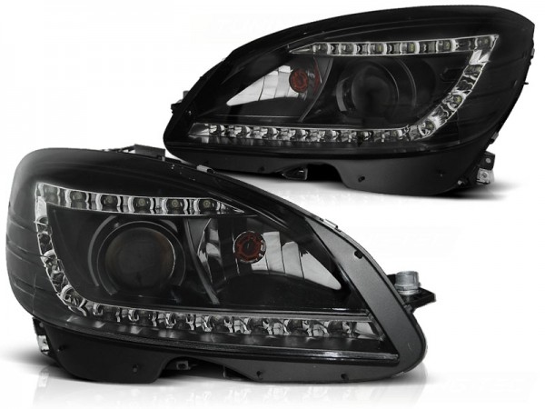 Scheinwerfer LED Tagfahrlicht Optik für Mercedes C-Klasse W204 Bj. 07-10 Schwarz