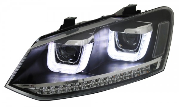 Scheinwerfer U-Tube Tagfahrlicht Optik für VW Polo 6R 6C Schwarz mit dynamischem LED Blinker