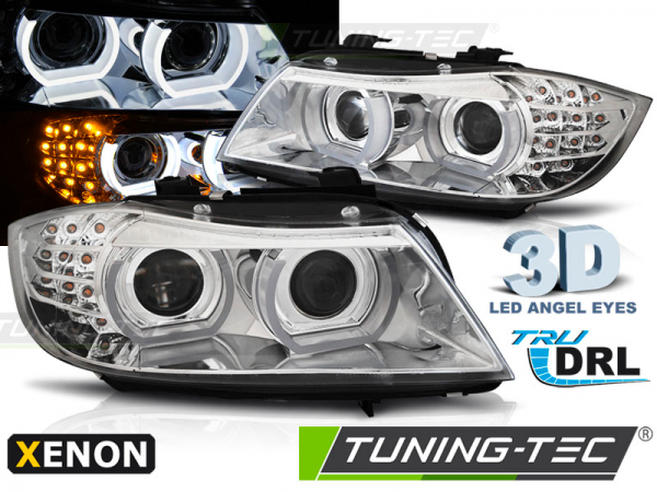 Xenon Scheinwerfer 3D Angel Eyes für BMW 3er E90 E91 LCI Bj. 09-12 Chrom